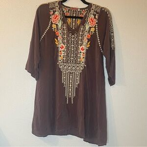 Johnny Was 3/4 Sleeve Brown Embroidered Women's Boho Lagenlook Tunic Top XS